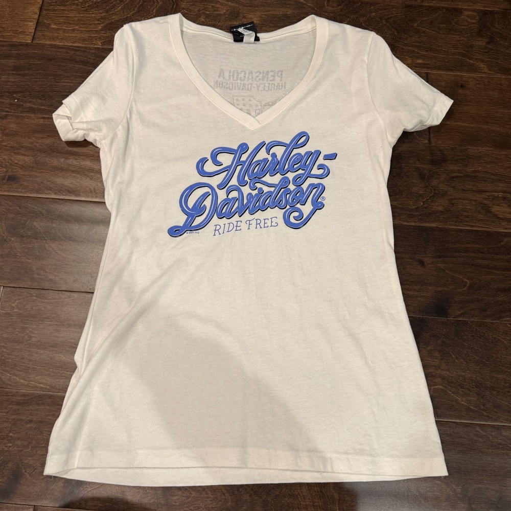 Harley Davidson Womens Ride Free Graphic V Neck T Shirt White Pensacola FL Large